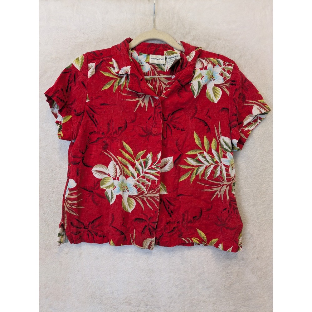 White Stag Women's Size M 8/10 Red Tropical Floral‎ Cropped Shirt Button Front